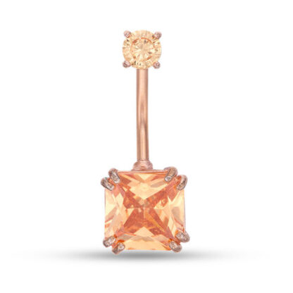 014 Gauge Fancy Square Champagne Cubic Zirconia Belly Button Ring in Stainless Steel with Rose IP