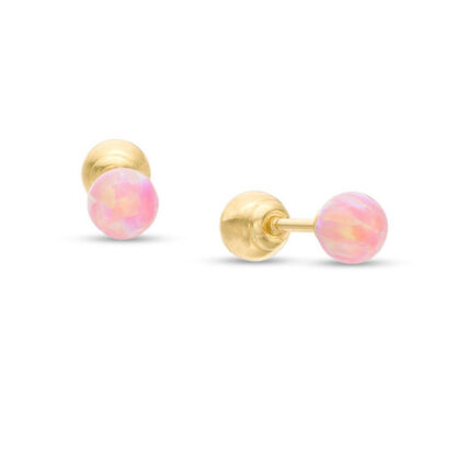 Child's 4mm Simulated Pink Opal and Ball Reversible Stud Earrings in 14K Gold