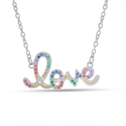 Multi-Color Cubic Zirconia and Simulated Glass Cursive "love" Necklace in Sterling Silver - 16"