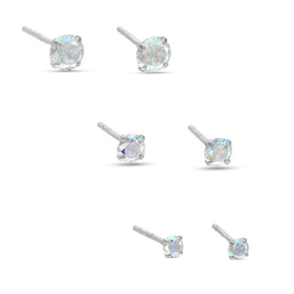 Iridescent Cubic Zirconia Solitaire Stud Earrings Set in Solid Sterling Silver