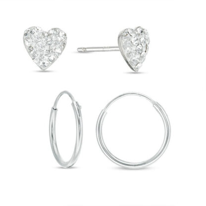 Crystal Heart Studs and Hoop Earrings Set in Sterling Silver