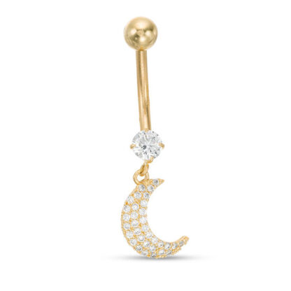 014 Gauge Cubic Zirconia Crescent Moon Dangle Belly Button Ring in 10K Gold