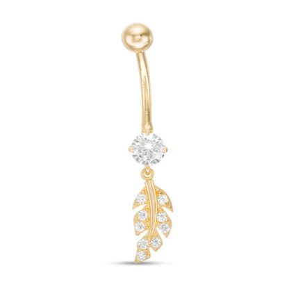 014 Gauge Cubic Zirconia Leaf Dangle Belly Button Ring in 10K Gold