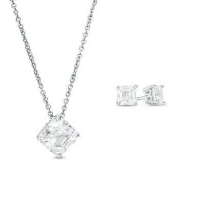 Fancy Square Cubic Zirconia Solitaire Pendant and Stud Earrings Set in Sterling Silver