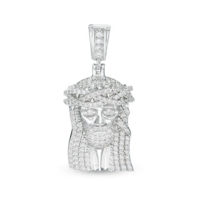 Cubic Zirconia Jesus Head Necklace Charm in Solid Sterling Silver