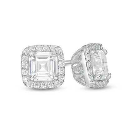 6mm Fancy Square Cubic Zirconia Frame Stud Earrings in Solid Sterling Silver