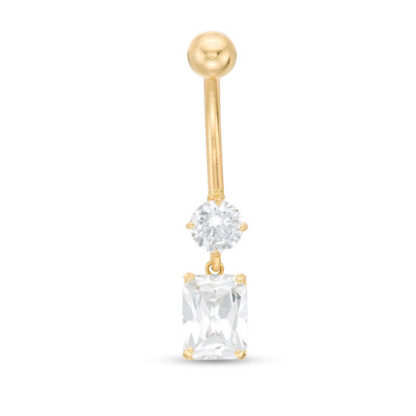 014 gauge Emerald-Cut Cubic Zirconia Dangle Belly Button Ring in 10K Gold