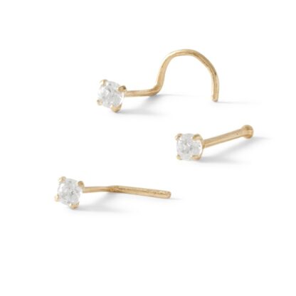 022 Gauge Cubic Zirconia Bone, L-Shape and Screw Nose Stud Set in 14K Semi-Solid Gold