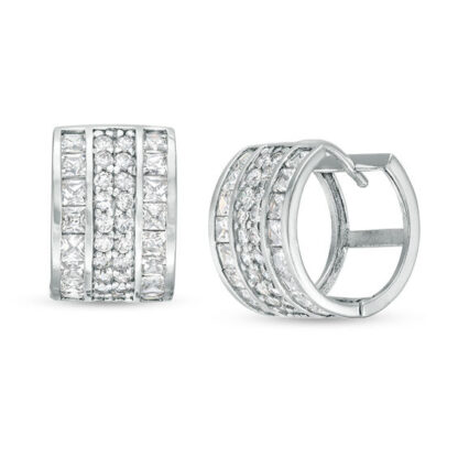 Square and Round Cubic Zirconia Multi-Row Huggie Hoop Earrings in Sterling Silver