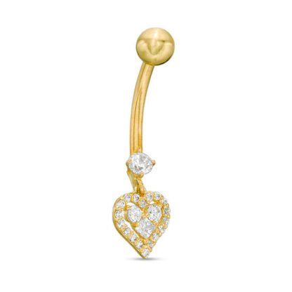 014 Gauge Princess-Cut and Round Cubic Zirconia Frame Heart Dangle Belly Button Ring in Solid 10K Gold