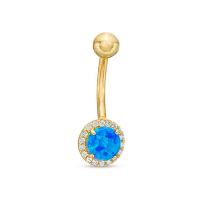 014 Gauge 5mm Simulated Blue Opal and Cubic Zirconia Frame Belly Button Ring in Solid 10K Gold