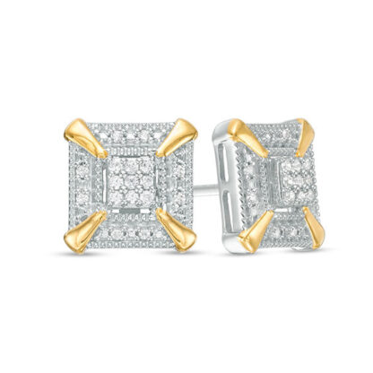 1/10 CT. T.W. Square Composite Diamond Bead Frame Overlay Stud Earrings in Sterling Silver with 10K Gold Plate