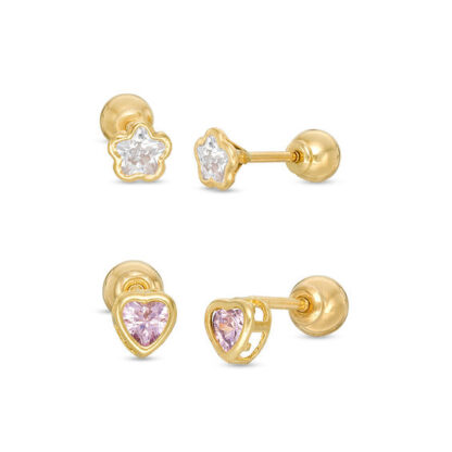 Child's Pink and White Cubic Zirconia Stud Earrings Set in 10K Gold