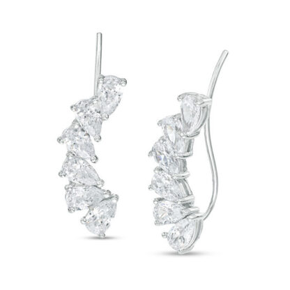 Pear-Shaped Cubic Zirconia Six Stone Curve Crawler Earrings in Solid Sterling Silver