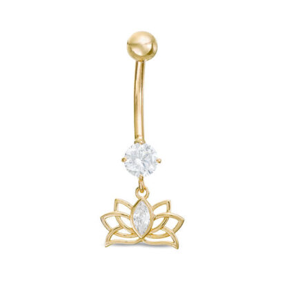 014 Gauge Marquise and Round Cubic Zirconia Lotus Flower Dangle Belly Button Ring in 10K Gold