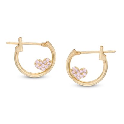 Child's Pink Cubic Zirconia Heart Accent Hoop Earrings in 10K Gold