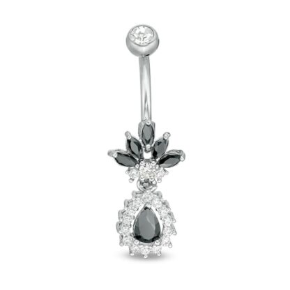 014 Gauge Black and White Cubic Zirconia and Glass Floral Dangle Belly Button Ring in Stainless Steel and Brass