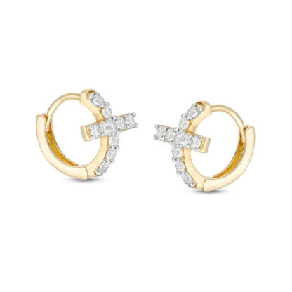 Cubic Zirconia Cross Huggie Hoop Earrings in 10K Gold