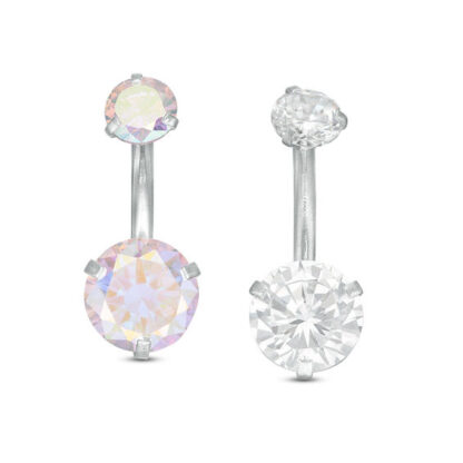 014 Gauge Iridescent and White Cubic Zirconia Two Piece Belly Button Ring Set in Solid Stainless Steel