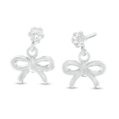 Child's Cubic Zirconia Bow Drop Earrings in Sterling Silver