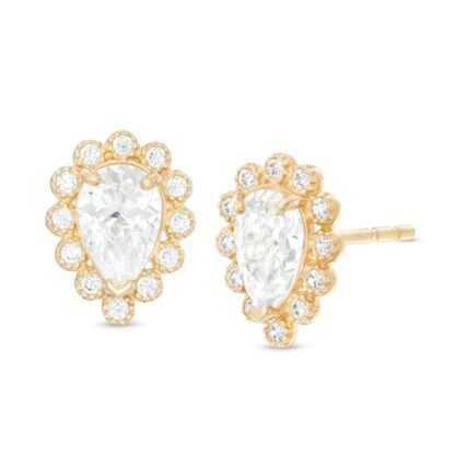 Pear-Shaped Cubic Zirconia Scallop Frame Stud Earrings in 10K Gold