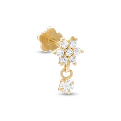 018 Gauge Cubic Zirconia Flower Dangle Cartilage Barbell in 14K Gold Tube