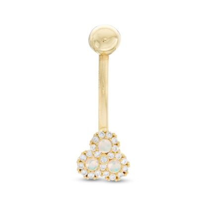 014 Gauge Simulated Opal and Cubic Zirconia Three Stone Belly Button Ring in 10K Gold