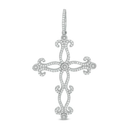 Cubic Zirconia Ornate Cross Necklace Charm in Sterling Silver