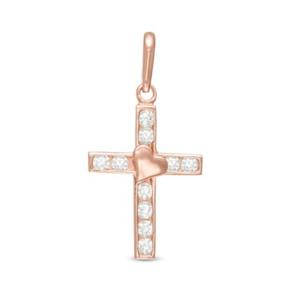 Cubic Zirconia Channel-Set Cross with Tilted Heart Accent Necklace Charm in 10K Rose Gold