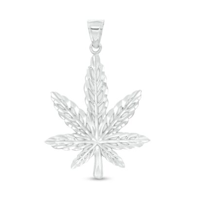 Large Diamond-Cut Cannabis Leaf Necklace Charm in 10K Solid White Gold