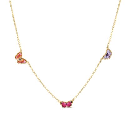 Child's Enamel Butterfly Station Necklace in 10K Gold - 15"