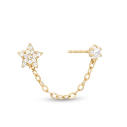 3mm Cubic Zirconia Solitaire Stud with Composite Star Cuff Chain Single Earring in 10K Gold