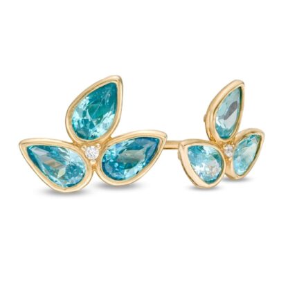 Pear-Shaped Blue and White Cubic Zirconia Leaf Stud Earrings in 10K Gold