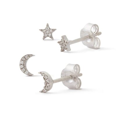 1/20 CT. T.W. Diamond Star and Moon Stud Earrings Two Piece Set in Sterling Silver