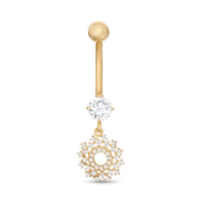 014 Gauge Cubic Zirconia Scatter Wreath Dangle Belly Button Ring in 10K Gold