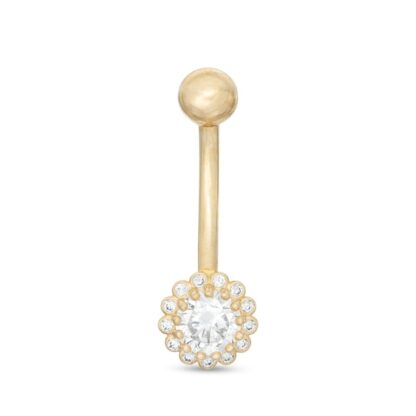 014 Gauge 5mm Cubic Zirconia Frame Flower Belly Button Ring in 10K Gold