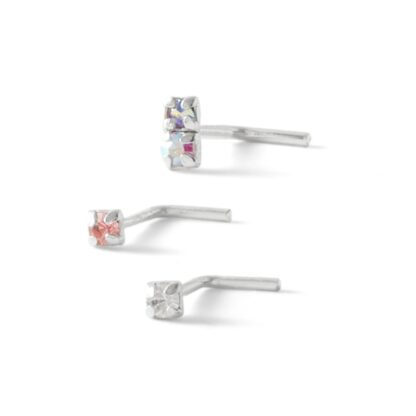 022 Gauge Iridescent, White and Pink Crystal Three Piece Nose Stud Set in Semi-Solid Sterling Silver