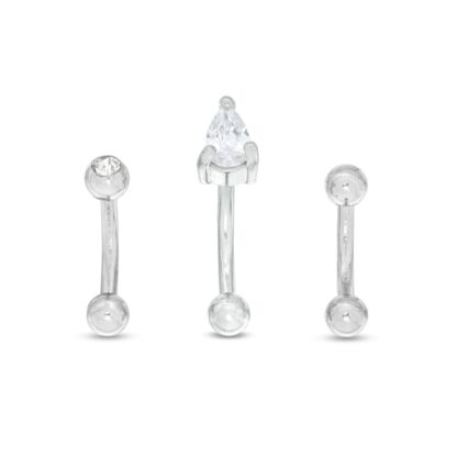 016 Gauge Pear-Shaped Cubic Zirconia and Glass Three Piece Curved Barbell Set in Stainless Steel and Brass