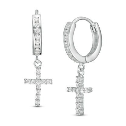 Cubic Zirconia Cross Dangle Huggie Hoop Earrings in Solid Sterling Silver