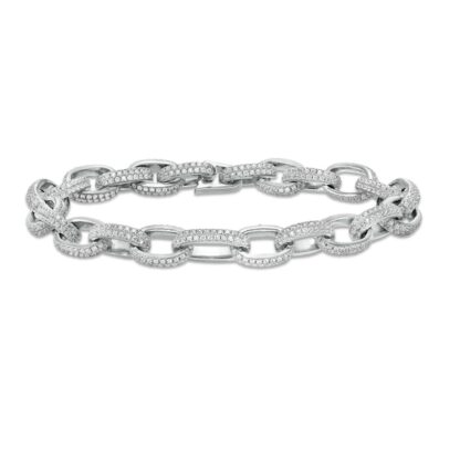 Cubic Zirconia Double Row Oval Cable Chain Bracelet in Sterling Silver - 7.5"