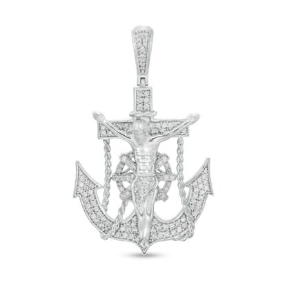 Cubic Zirconia Crucifix Anchor Necklace Charm in Sterling Silver