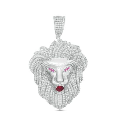 6mm Red and White Cubic Zirconia Lion Head Necklace Charm in Sterling Silver