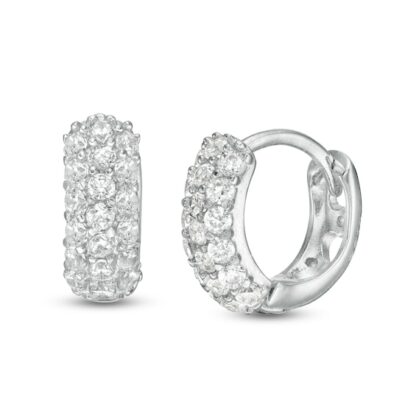 Cubic Zirconia Triple Row Dome Huggie Hoop Earrings in Solid Sterling Silver