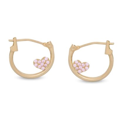 Pink Cubic Zirconia Heart 20mm Tube Hoop Earrings in 10K Gold