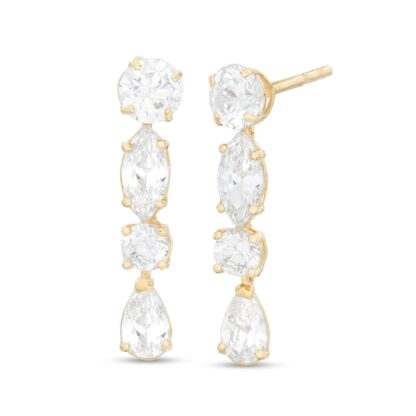 Multi-Shaped Cubic Zirconia Linear Drop Earrings in 10K Gold