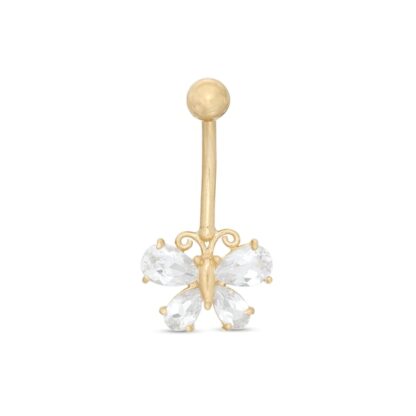 014 Gauge Pear-Shaped Cubic Zirconia Butterfly Belly Button Ring in 14K Gold