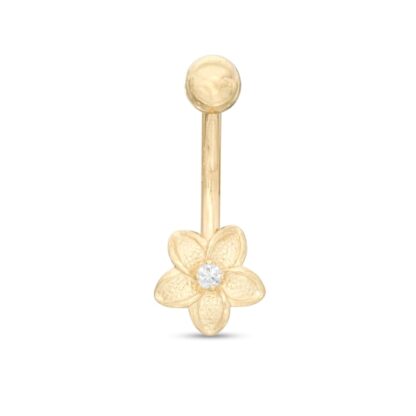 014 Gauge Cubic Zirconia Diamond-Cut Flower Belly Button Ring in 14K Gold