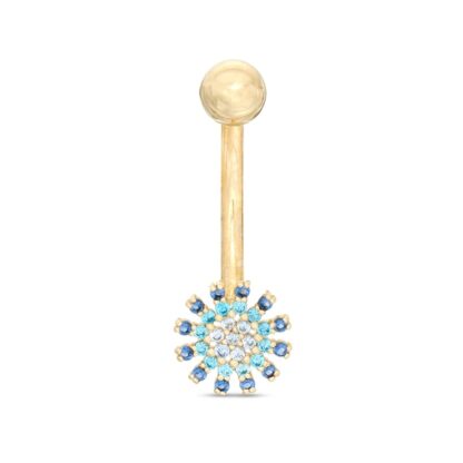 014 Gauge Blue Cubic Zirconia Starburst Belly Button Ring in 10K Gold