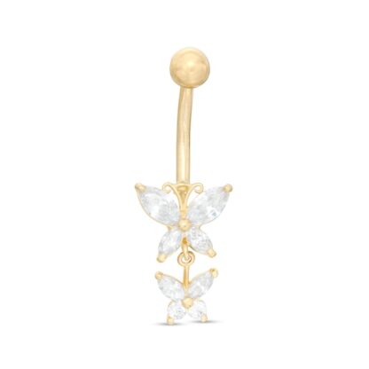 014 Gauge Marquise Cubic Zirconia Double Butterfly Dangle Belly Button Ring in 10K Gold