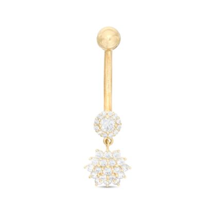 014 Gauge Cubic Zirconia Frame Flower Dangle Belly Button Ring in 10K Gold